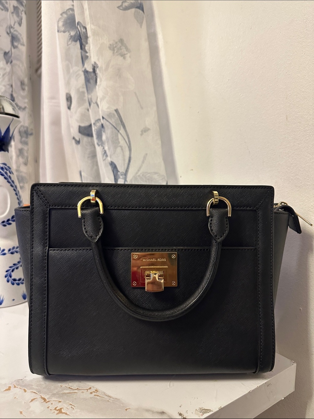 Michael Kors Black Leather Satchel with Gold Lock Detail